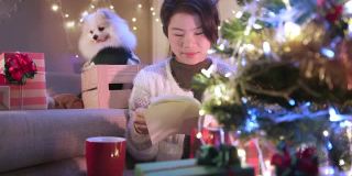 快乐圣诞节与亚洲女性休闲毛衣坐放松阅读小说书与小哈巴狗坐在一起与蛤和快乐的圣诞节日理念概念