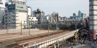 4K延时:鸟瞰东京上野美代子市场的行人拥挤的十字路口和火车行驶。