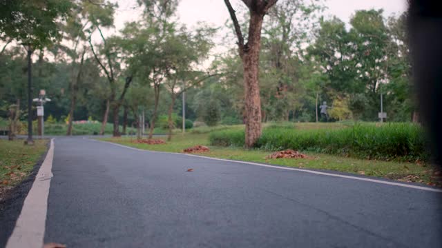 背部的亚洲运动女子是慢跑的道路在绿色公园傍晚的灯光