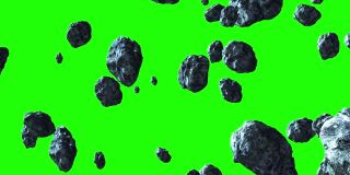 小行星在绿色背景下从左向右缓慢飞行。空间动画可以用于视频编辑，也可以作为演示的背景或屏幕保护程序