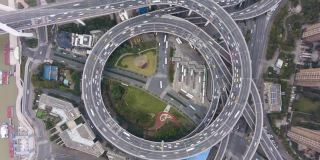 环线南浦路交叉口。交通圈。上海,中国。空中垂直自顶向下的Hyper Lapse，时间流逝。无人机盘旋和旋转。远景