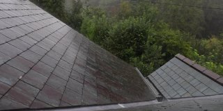 雨猛烈地打在屋顶上