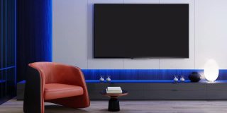 RGB灯蓝色到粉红色快速循环-电视房现代极简主义的内部配备8K电视