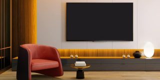 RGB灯黄红环-电视房现代极简主义的内部配备8K电视