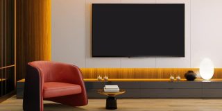 RGB灯黄，红，开，关，循环-电视房现代极简主义的内部配备8K电视