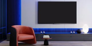 RGB灯蓝色到粉红色循环-电视房现代极简主义的内部配备8K电视