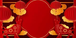 中国新年2021年的牛年，红色和金色剪纸艺术，灯笼和亚洲元素与工艺风格的背景。新年快乐。4K循环视频动画与复制空间。