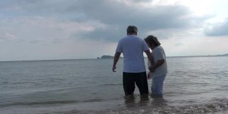 这对浪漫的亚洲老年情侣站在夏日海滩的夕阳下拥抱
