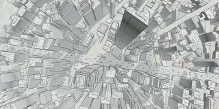 城市素描，镜头从中心升起，高角度视角