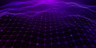 数字空间的未来主义，紫色粒子波流动与线和点连接，技术网络抽象的背景。