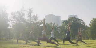 六人组混合年龄的人在城市公园里做瑜伽姿势叫武士姿势，以健身、运动、瑜伽和健康的生活方式理念