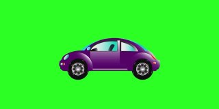 动画的车。卡通与汽车。玩具车。紫色和蓝色的汽车旋转的车轮在绿色的背景。动画。