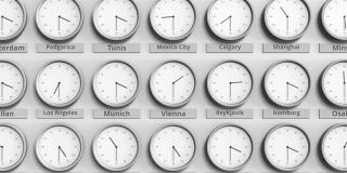 世界时区内显示奥地利维也纳时间的圆形时钟。三维动画
