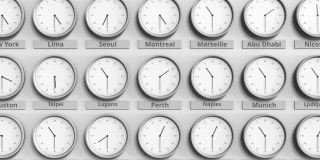 时钟显示澳大利亚珀斯不同时区的时间。三维动画