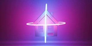 霓虹灯下的抽象建筑。房屋概念由保护性扫描光束包围。