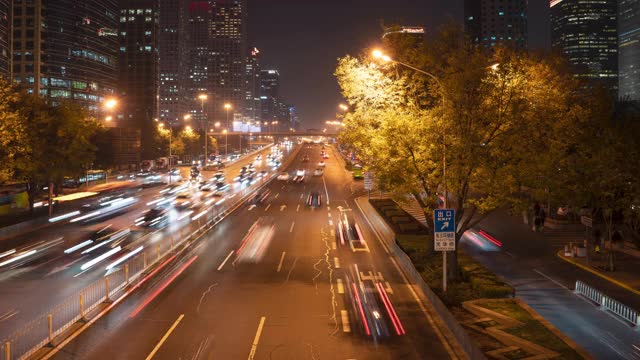 Hyperlapse。中国北京城市立交桥夜间交通流量