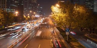 Hyperlapse。中国北京城市立交桥夜间交通流量
