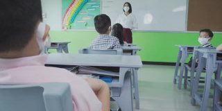 小学生在教室里戴着口罩。