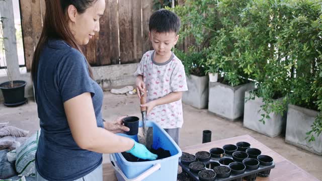 亚洲妈妈和孩子正在帮助在家里种树。