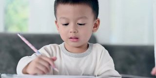 亚洲男孩做家庭作业，教育-孩子在餐桌上学习，家庭学校。