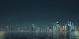 烟花在夜空之上抽象的城市摩天大楼的3D动画