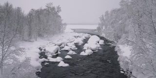 这条河流经芬兰白雪覆盖的森林
