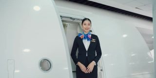 美丽的亚洲空姐在飞机上微笑，热情和欢迎。