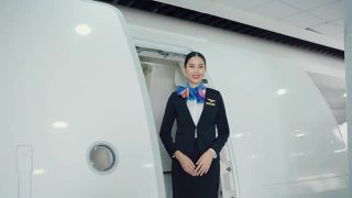 美丽的亚洲空姐在飞机上微笑，热情和欢迎。视频素材模板下载