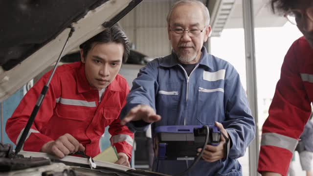 亚洲机械师集团汽车维修在工厂。配合检查整机状态。汽车行业技能培训。概念的关键员工