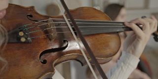 女小提琴家特写演奏在家中与大提琴二重奏