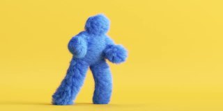 蓝色毛茸茸的3d卡通人物在黄色背景上跳舞，人穿着毛茸茸的服装，滑稽的吉祥物循环动画，现代最小无缝运动设计