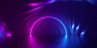 循环的3d动画，抽象的紫外线未来背景，旋转隧道与粉红色的蓝色霓虹灯，在紫外线光谱发光