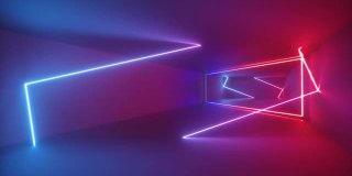 抽象霓虹背景，前进无尽隧道。循环动画。紫外光，发光线，虚拟现实界面，框架，红蓝光谱，激光