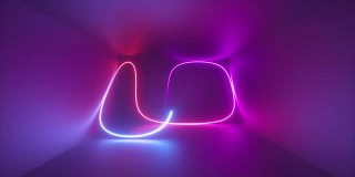 3d抽象背景与发光的霓虹线移动在漫长的黑暗隧道。粉红色和蓝色的循环涂鸦，充满活力的霓虹灯照明。激光路径，混沌轨迹，光束