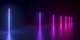 循环动画3d霓虹垂直线在透视，在紫外线光谱发光，改变颜色从蓝色到粉红色
