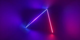 3d抽象霓虹背景，发光的线粉蓝色移动在长黑暗隧道的慢动作。紫外线光照明。激光路径，混沌跳弹轨迹，照明光束