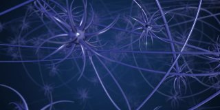 4k视频显示神经元细胞在抽象的黑暗空间中有发光的连接节。