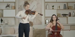 弦乐二重奏的妇女演奏小提琴和大提琴在豪华的家庭室内