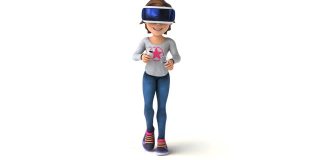 有趣的3D卡通女孩与VR头盔