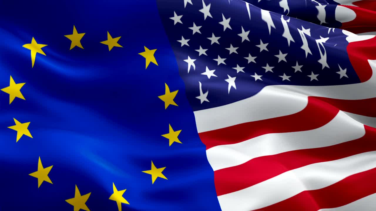 美国和欧洲国旗特写1080p全高清1920X1080镜头视频在风中飘扬。3d美国对欧盟挥舞旗帜。标志美国欧元无缝循环动画。美国旗帜高清背景1080p