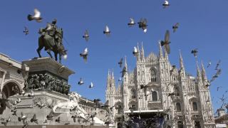 许多鸽子飞过米兰的大教堂广场视频素材模板下载