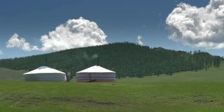 森林和绿草地里的蒙古帐篷