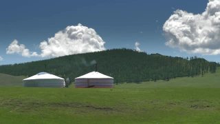 森林和绿草地里的蒙古帐篷视频素材模板下载