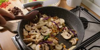 慢动作翻炒，炒蘑菇，洋葱，胡萝卜，大蒜和黑胡椒