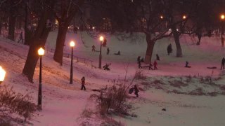 蒙特利尔公共公园在一个下雪的12月的夜晚视频素材模板下载