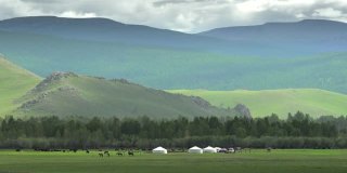 蒙古包帐篷，马和动物在蒙古地理大山谷