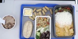 灰蓝相间的托盘上放着飞机上的食物