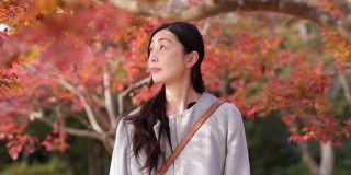 日本女人看日本枫树在秋天