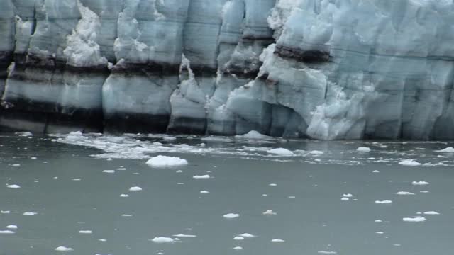 玛格丽冰川冰墙和海湾水域的特写。