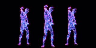 表达舞蹈团体艺术家在黑暗工作室表演现代街舞。时尚的多色霓虹灯发光的身体。90年代蓝粉舞者无缝循环3d动画Dj